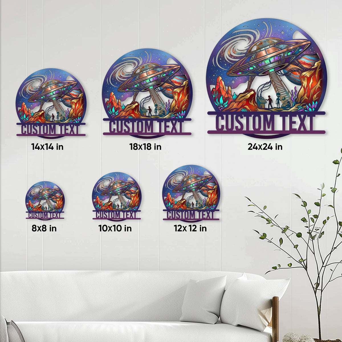 UFO metal wall sign shown in multiple sizes from 8x8 to 24x24 inches above a living room sofa