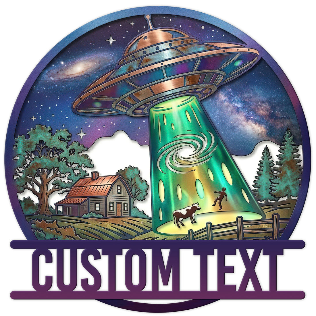 Colorful UFO metal sign showing a flying saucer beaming light over a farmhouse beneath a star-filled galaxy