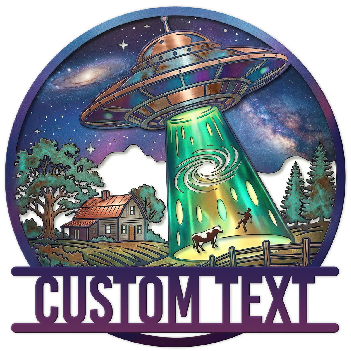 Colorful UFO metal sign showing a flying saucer beaming light over a farmhouse beneath a star-filled galaxy