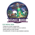 UFO metal sign feature graphic with a rural alien abduction scene, farmhouse, cow, trees, and cosmic night sky