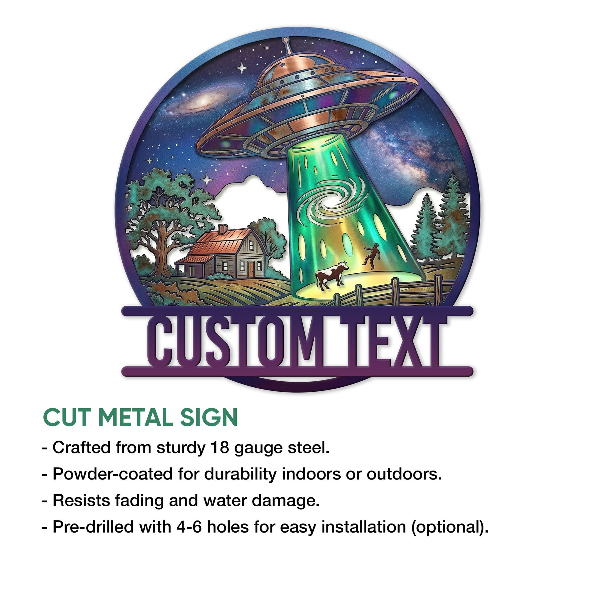UFO metal sign feature graphic with a rural alien abduction scene, farmhouse, cow, trees, and cosmic night sky