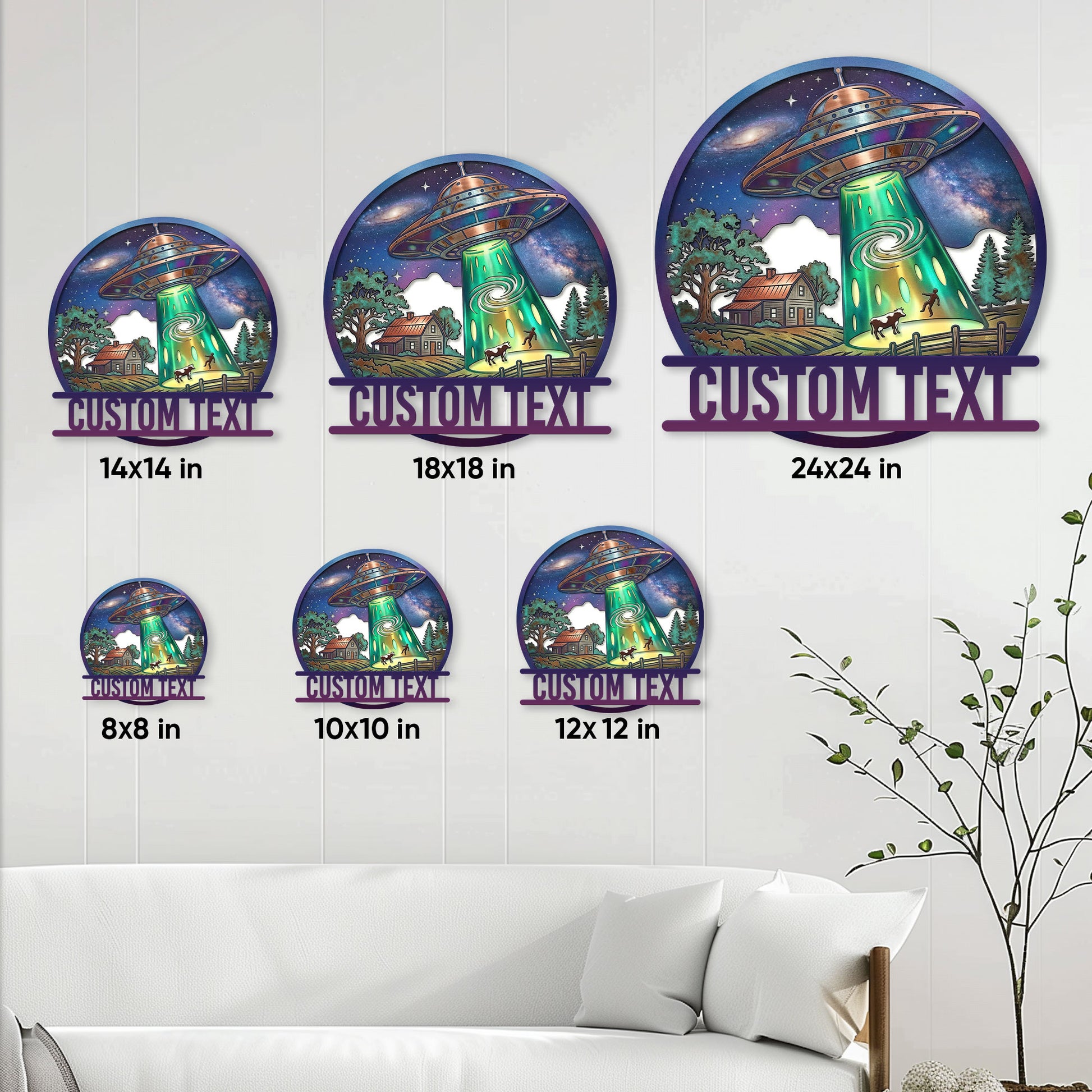 UFO metal sign size guide showing available square sizes from 8 by 8 inches to 24 by 24 inches
