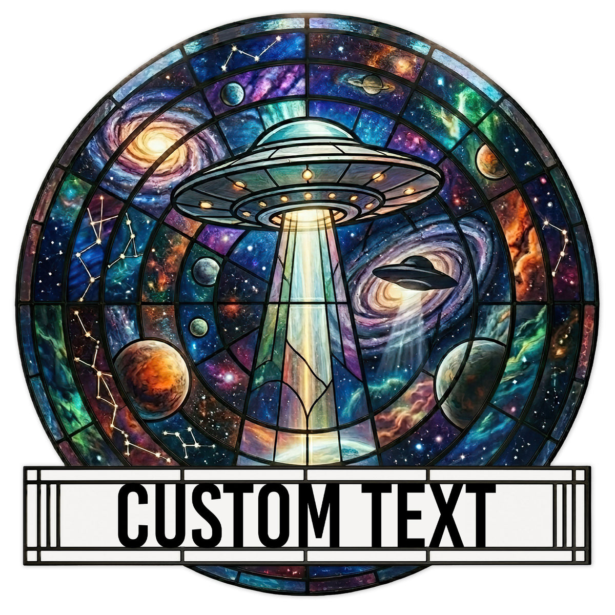 Custom UFO metal sign featuring a flying saucer beam over planets, galaxies, and colorful stained-glass space art