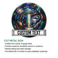 UFO metal sign feature graphic showing a colorful flying saucer and cosmic stained-glass artwork