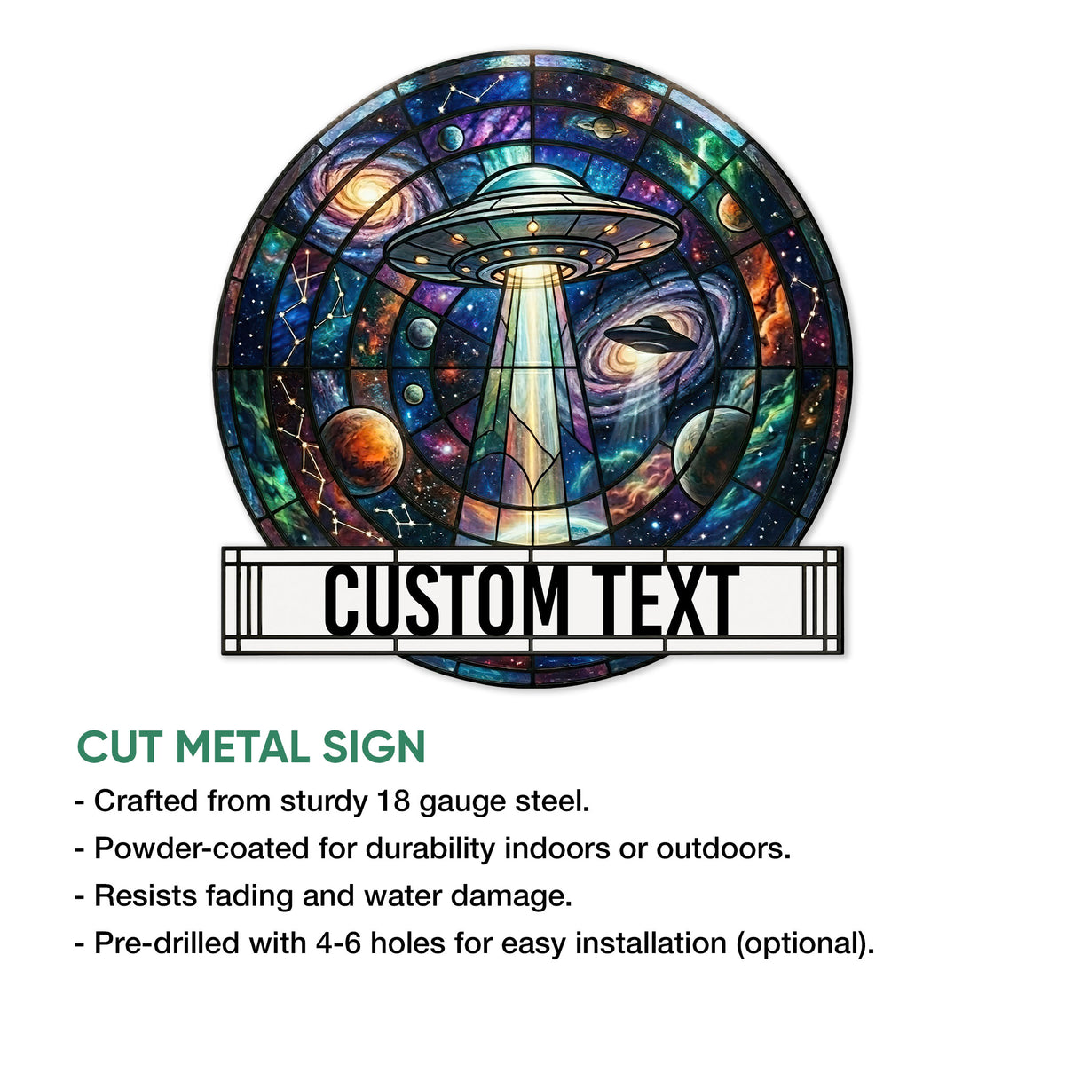 UFO metal sign feature graphic showing a colorful flying saucer and cosmic stained-glass artwork