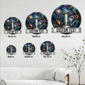 UFO metal sign size guide showing multiple square dimensions with the same colorful cosmic flying saucer design