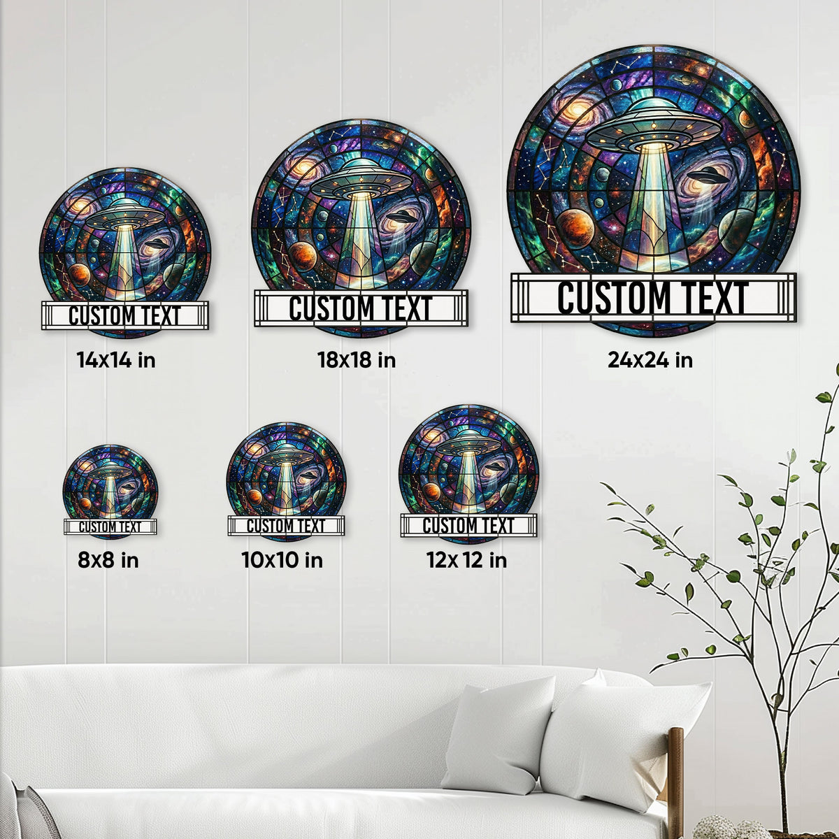 UFO metal sign size guide showing multiple square dimensions with the same colorful cosmic flying saucer design