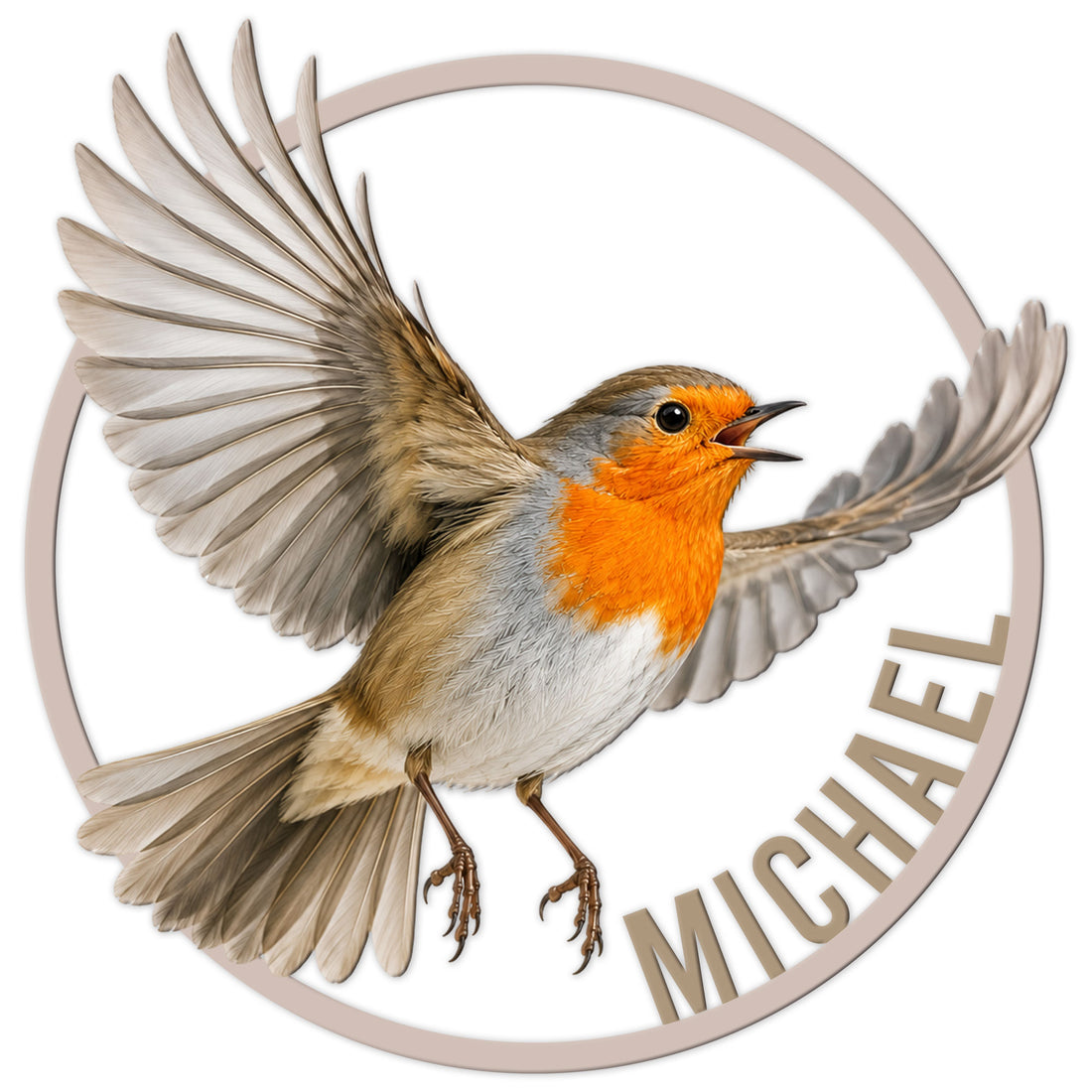 Detailed robin metal sign featuring a bright orange-breasted bird in flight within a circular frame