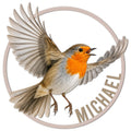 Detailed robin metal sign featuring a bright orange-breasted bird in flight within a circular frame