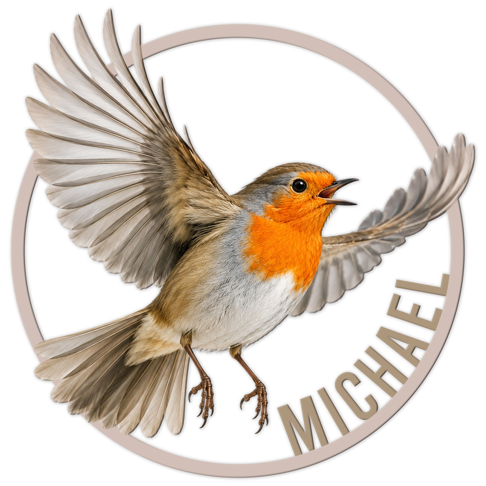 Detailed robin metal sign featuring a bright orange-breasted bird in flight within a circular frame