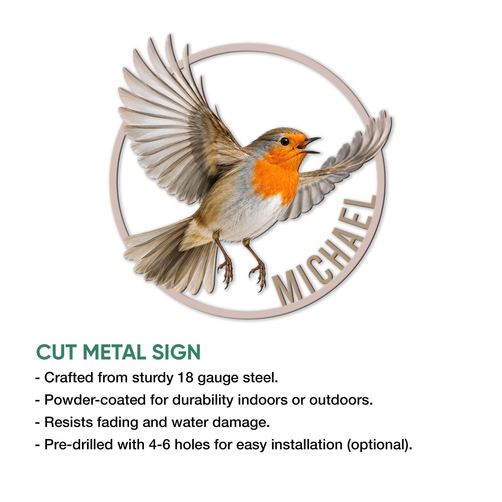 Robin cut metal sign product graphic showing the flying bird artwork and indoor or outdoor display features