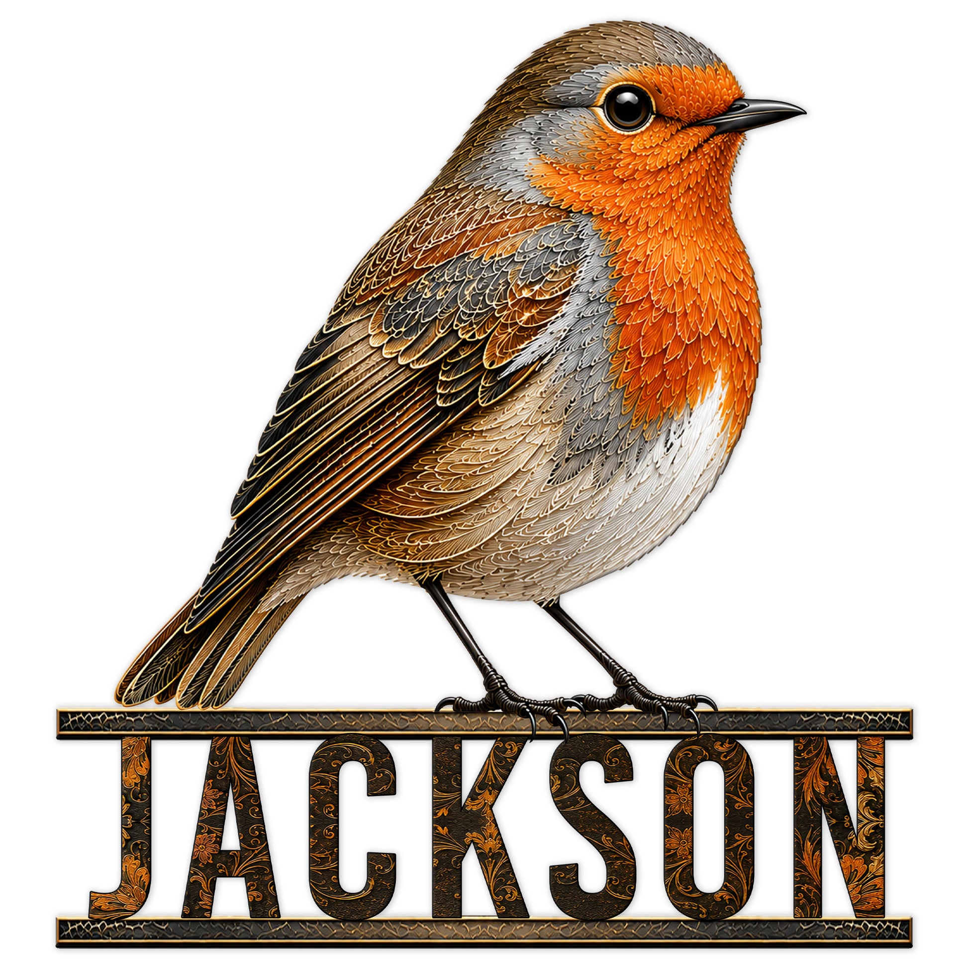 Detailed robin metal sign featuring an orange-breasted bird perched above ornate decorative lettering
