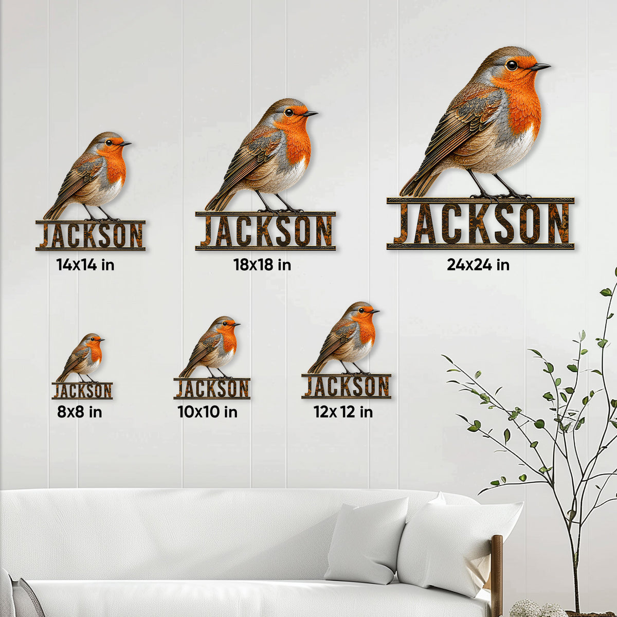 Robin metal sign size guide showing six available square dimensions from 8 by 8 to 24 by 24 inches