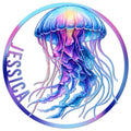 Colorful jellyfish metal sign with flowing tentacles and vibrant blue, purple, and pink ocean-inspired artwork