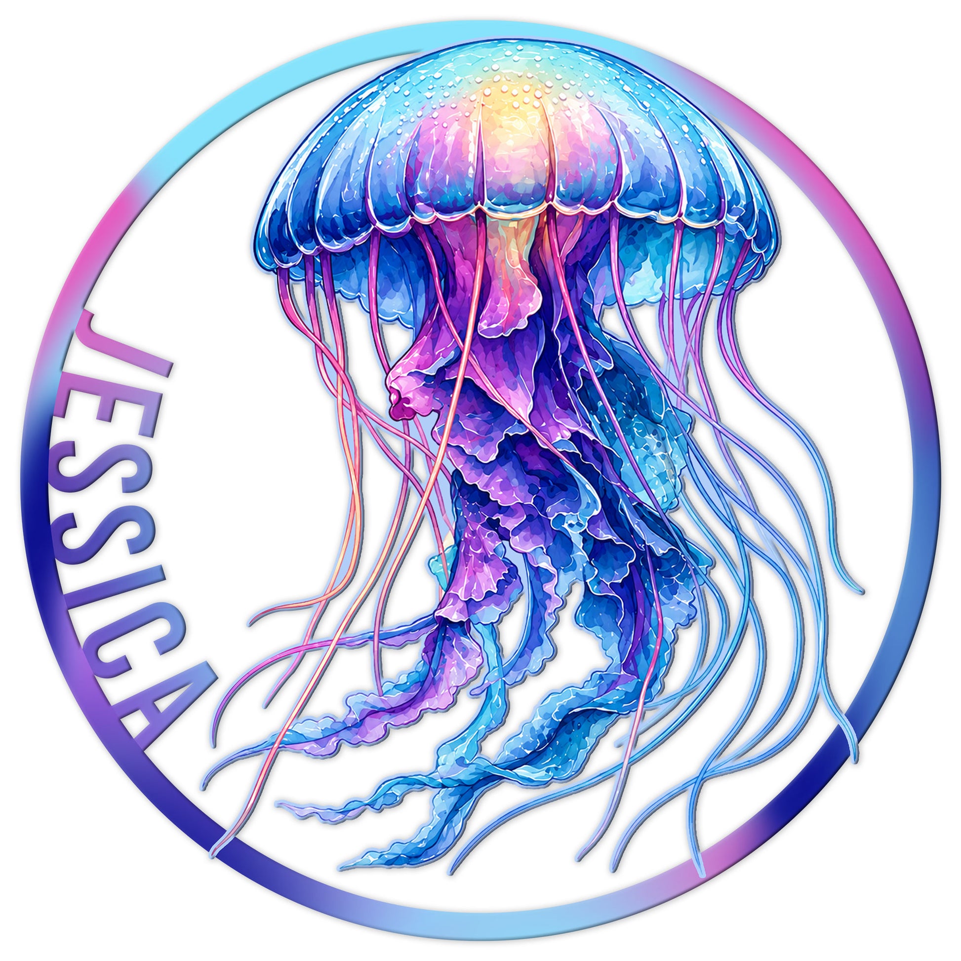 Colorful jellyfish metal sign with flowing tentacles and vibrant blue, purple, and pink ocean-inspired artwork