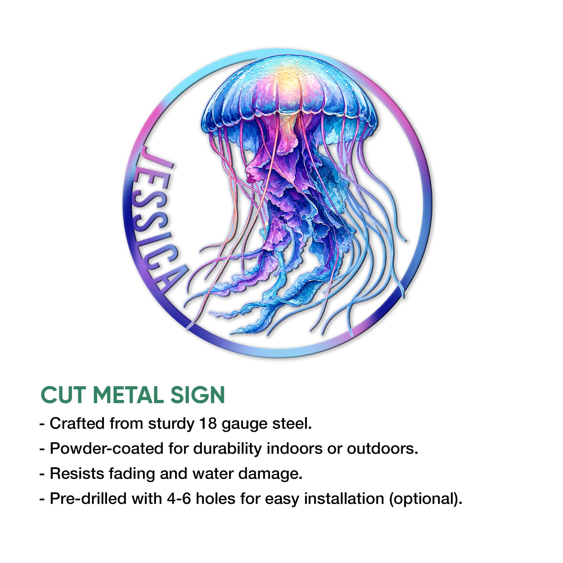 Cut metal jellyfish sign featuring bright aquatic colors, a circular frame, and flowing tentacle details