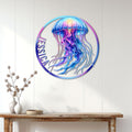 Jellyfish metal wall sign displayed above a console table in a bright coastal-style living space