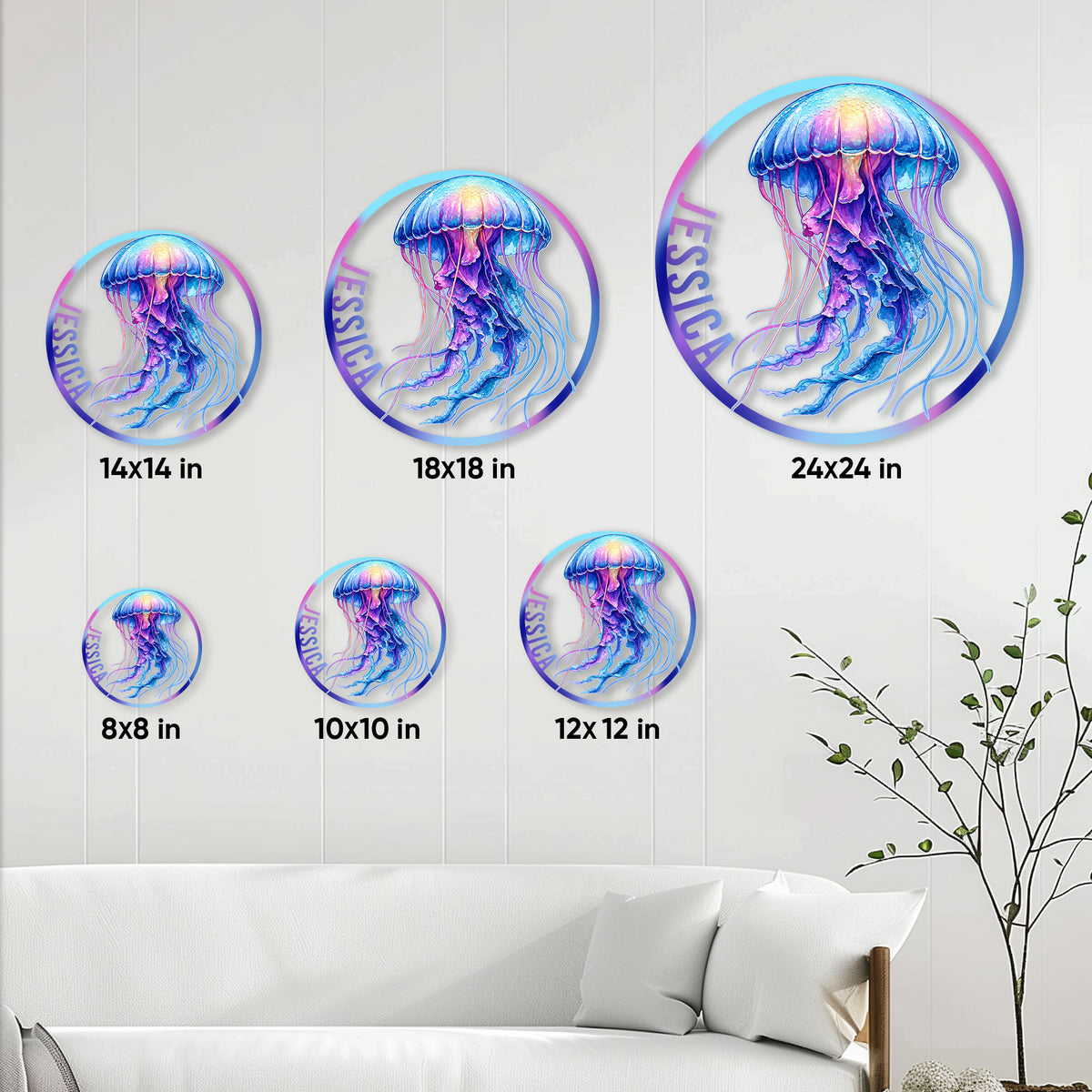 Jellyfish metal sign size guide showing available round sizes from 8 by 8 to 24 by 24 inches