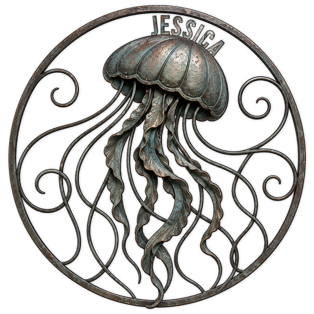 Ornate jellyfish metal sign with flowing tentacles inside a circular frame and decorative ocean-inspired detailing