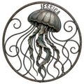 Ornate jellyfish metal sign with flowing tentacles inside a circular frame and decorative ocean-inspired detailing