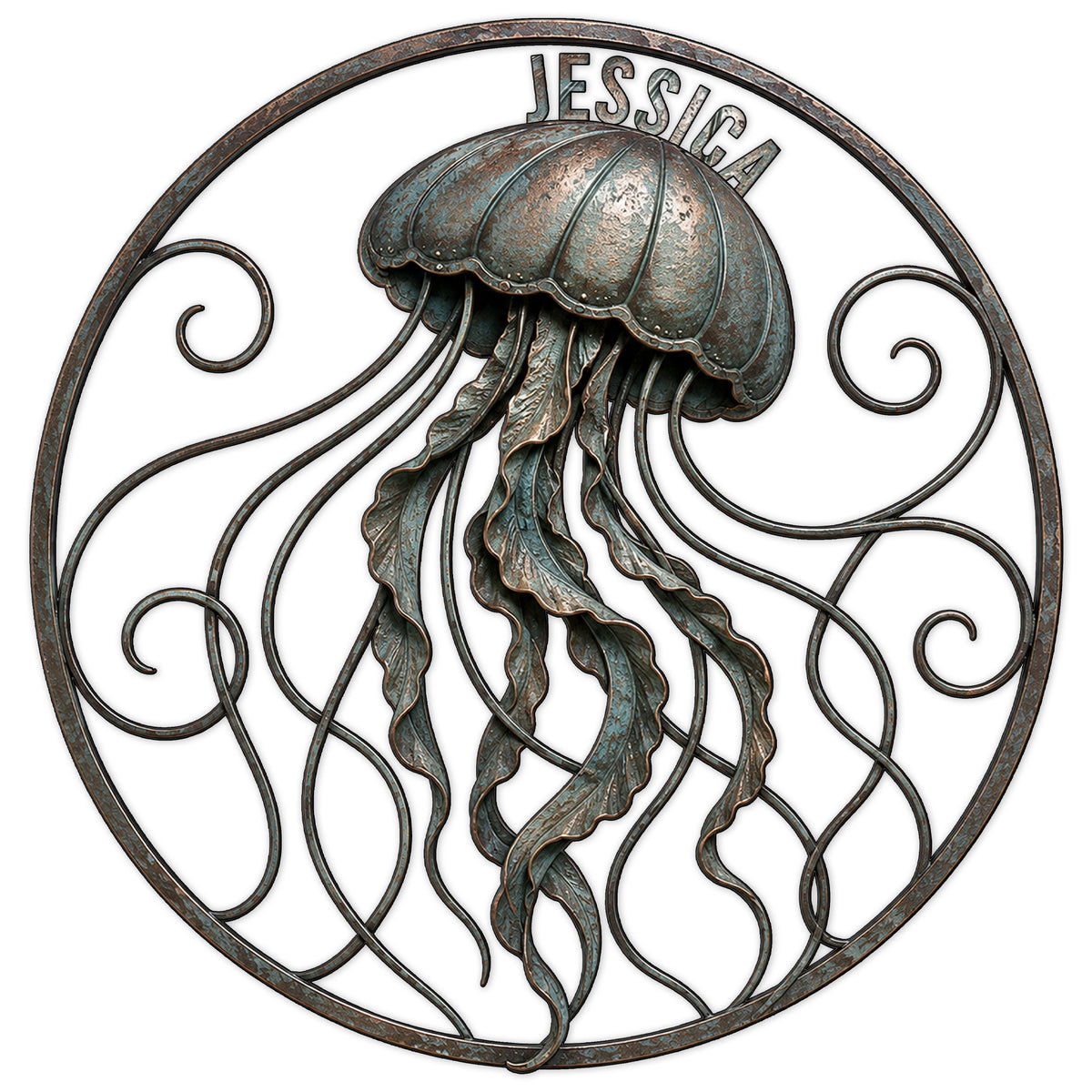 Ornate jellyfish metal sign with flowing tentacles inside a circular frame and decorative ocean-inspired detailing