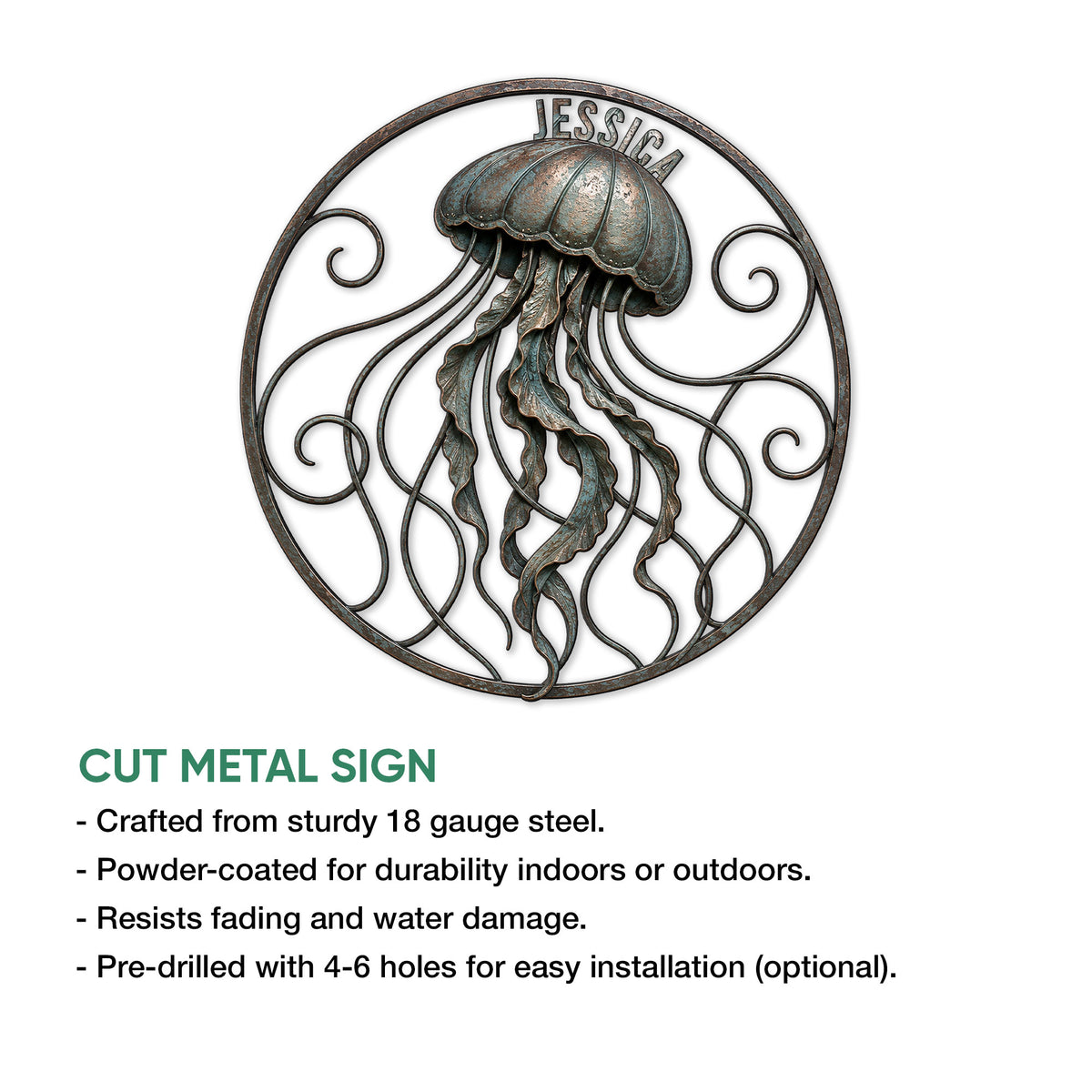 Jellyfish metal sign feature graphic showing the circular ocean design and decorative curling tentacles