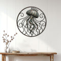 Jellyfish wall decor displayed above a console table in a bright, modern home entryway