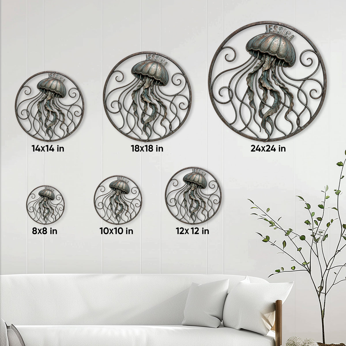 Jellyfish metal wall sign size guide showing available round sizes from 8 by 8 to 24 by 24 inches