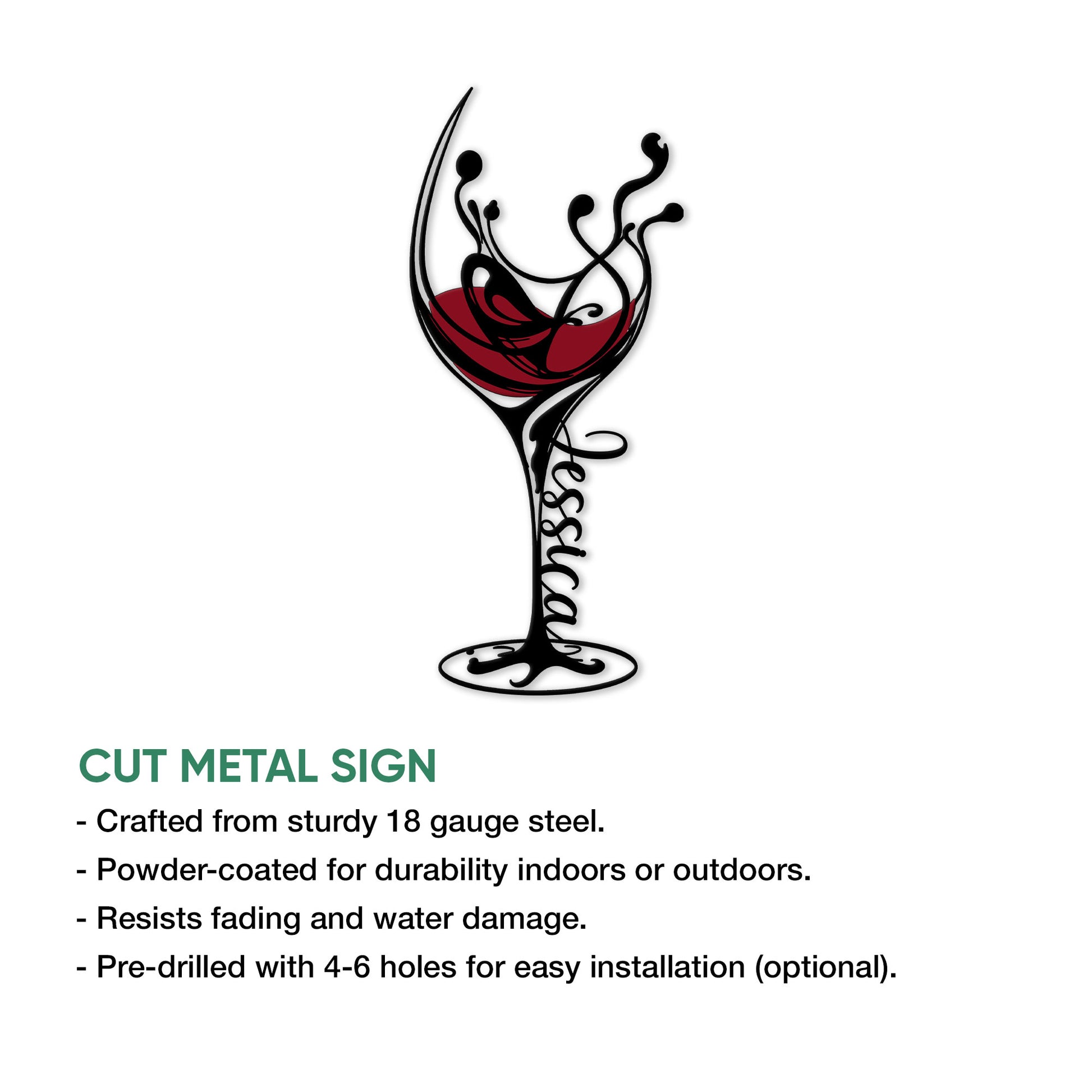 Wine glass cut metal sign feature graphic showing the ornate red wine design