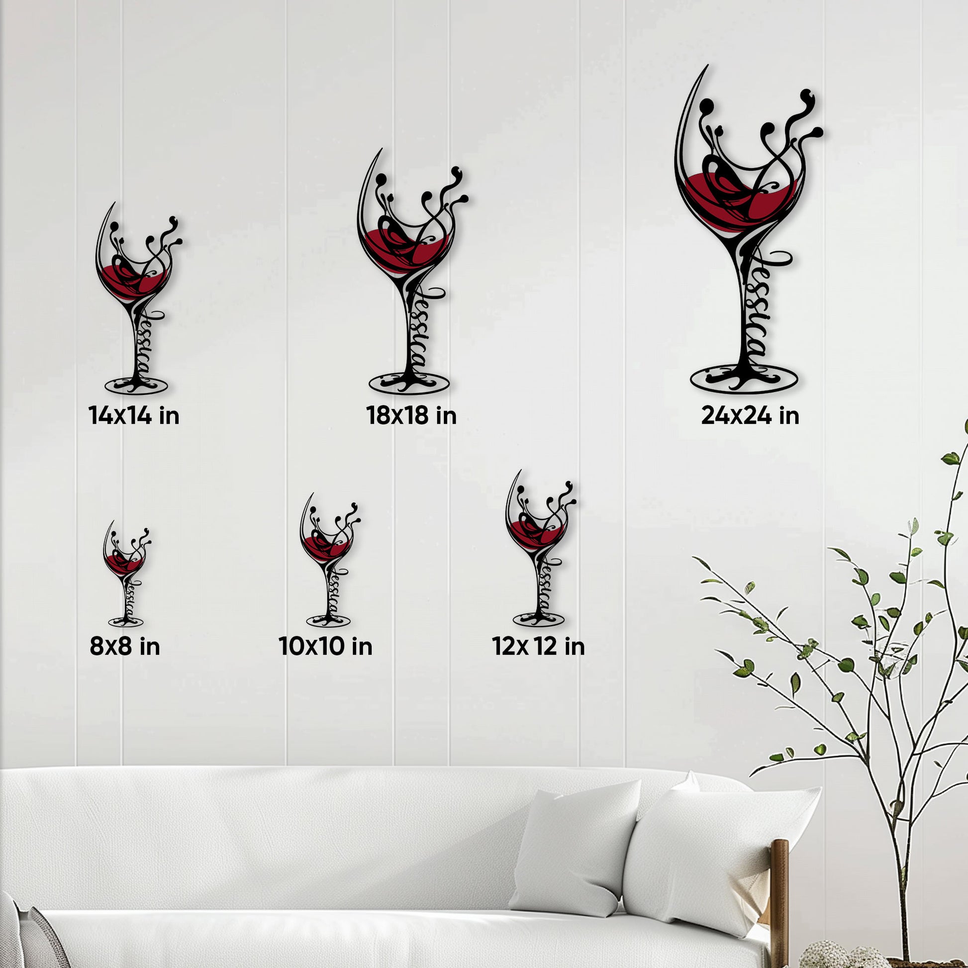 Wine glass metal sign size guide showing available square sizes from 8 by 8 to 24 by 24 inches