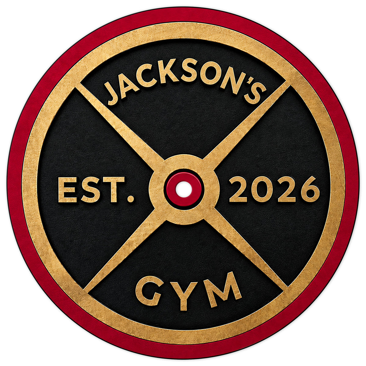 Close-up of a custom weightlifting metal sign featuring a gold barbell plate design on a textured black background
