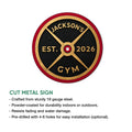 Round weightlifting gym metal sign shown with cut-metal construction and indoor or outdoor display details