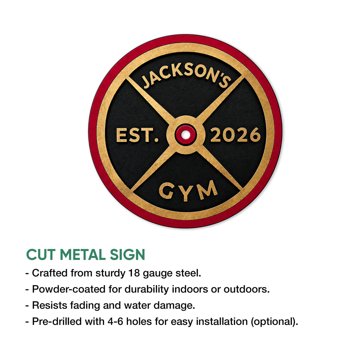 Round weightlifting gym metal sign shown with cut-metal construction and indoor or outdoor display details