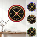 Weightlifting metal sign displayed on a paneled wall with red, blue, black, and green design options
