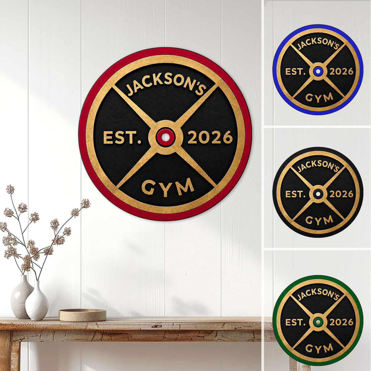 Weightlifting metal sign displayed on a paneled wall with red, blue, black, and green design options