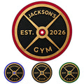 Custom weightlifting metal sign styled like a black and gold barbell plate with red, blue, and green color options