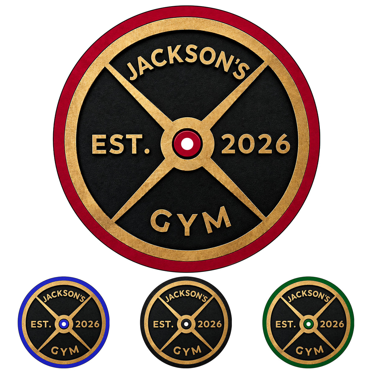 Custom weightlifting metal sign styled like a black and gold barbell plate with red, blue, and green color options