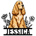 English Cocker Spaniel metal sign featuring a detailed golden dog portrait framed by floral line art