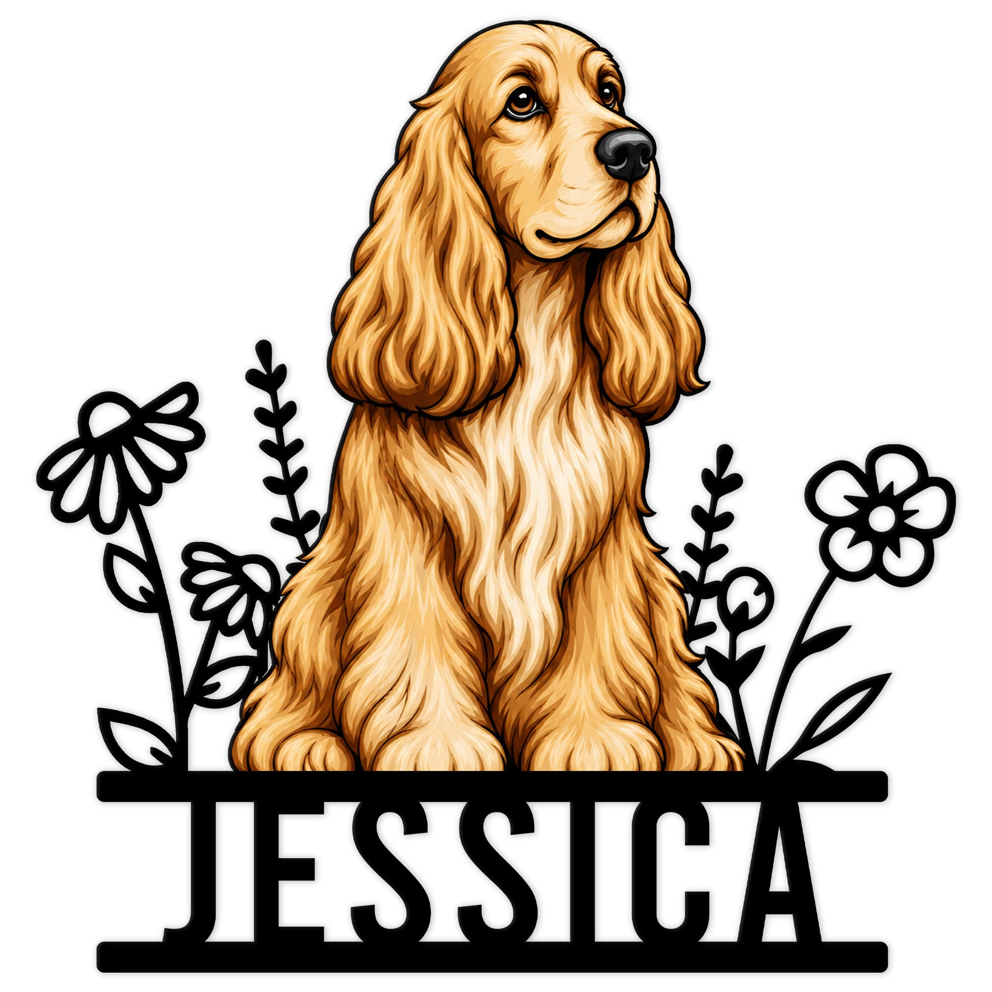 English Cocker Spaniel metal sign featuring a detailed golden dog portrait framed by floral line art