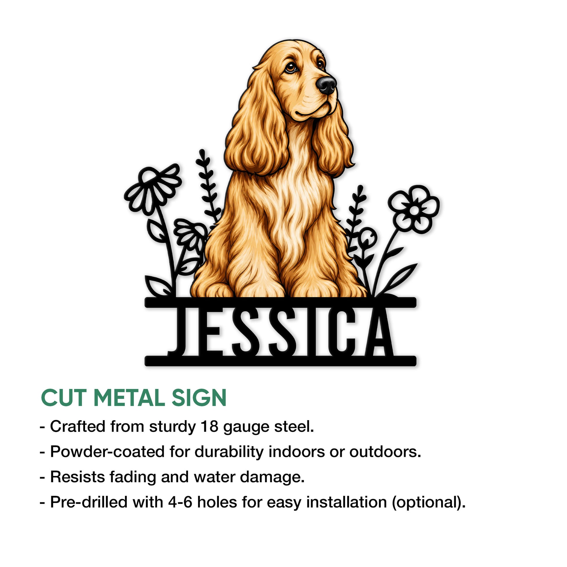 English Cocker Spaniel cut metal sign shown with product feature information and floral dog artwork