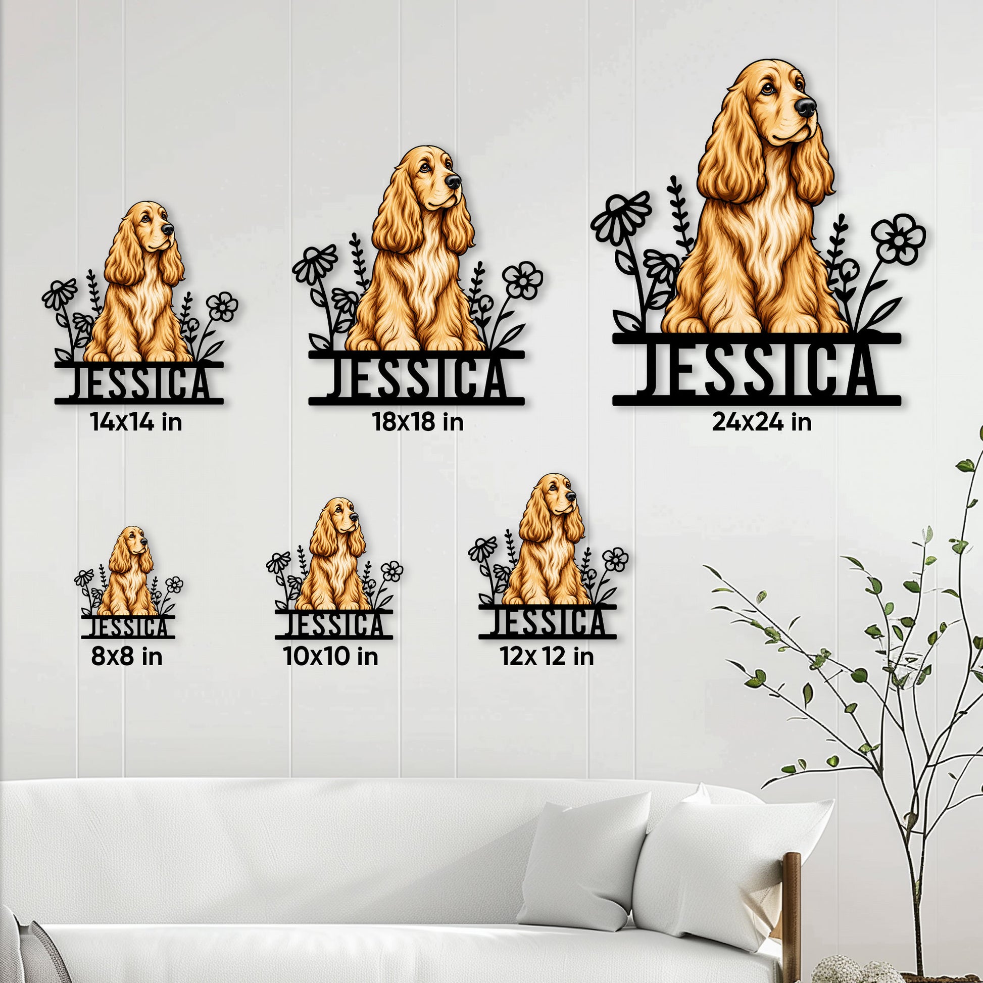 English Cocker Spaniel metal sign size guide showing several available square size options