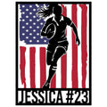 Custom rugby metal sign featuring a female player silhouette carrying a rugby ball over an American flag