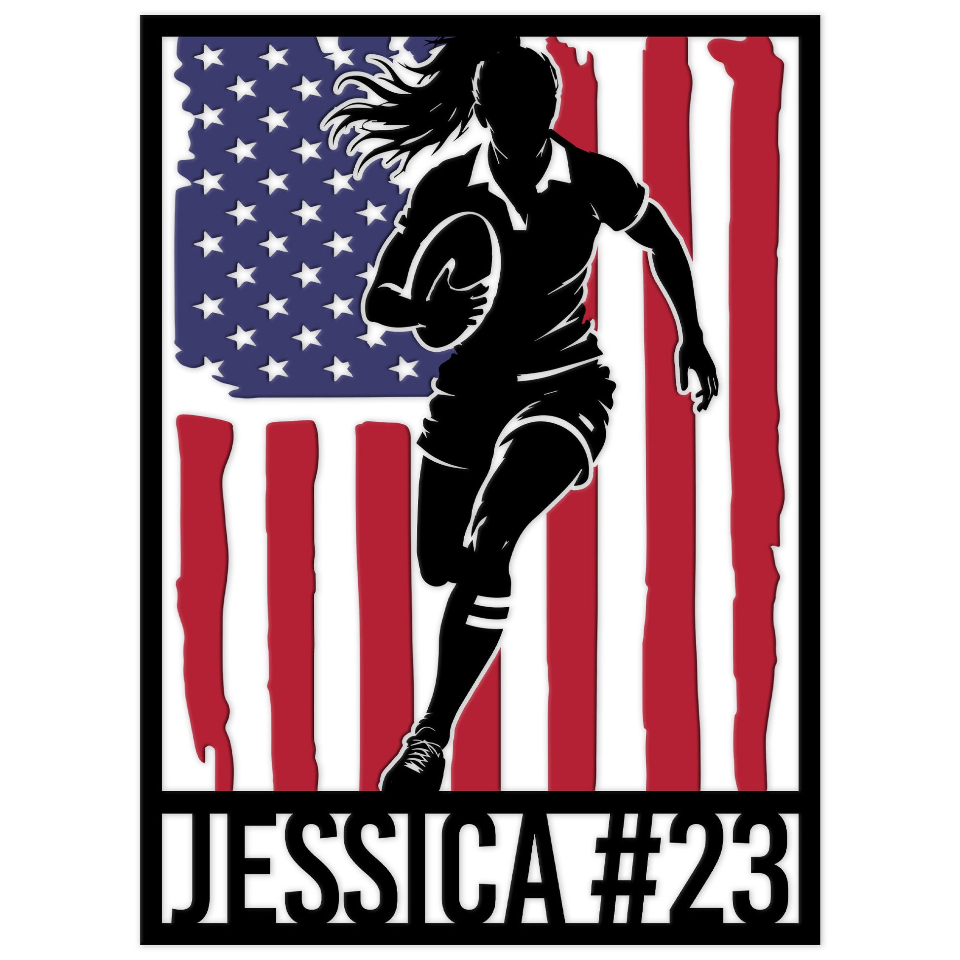 Custom rugby metal sign featuring a female player silhouette carrying a rugby ball over an American flag