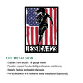 Rugby player metal sign shown in a product feature graphic with a bold American flag design