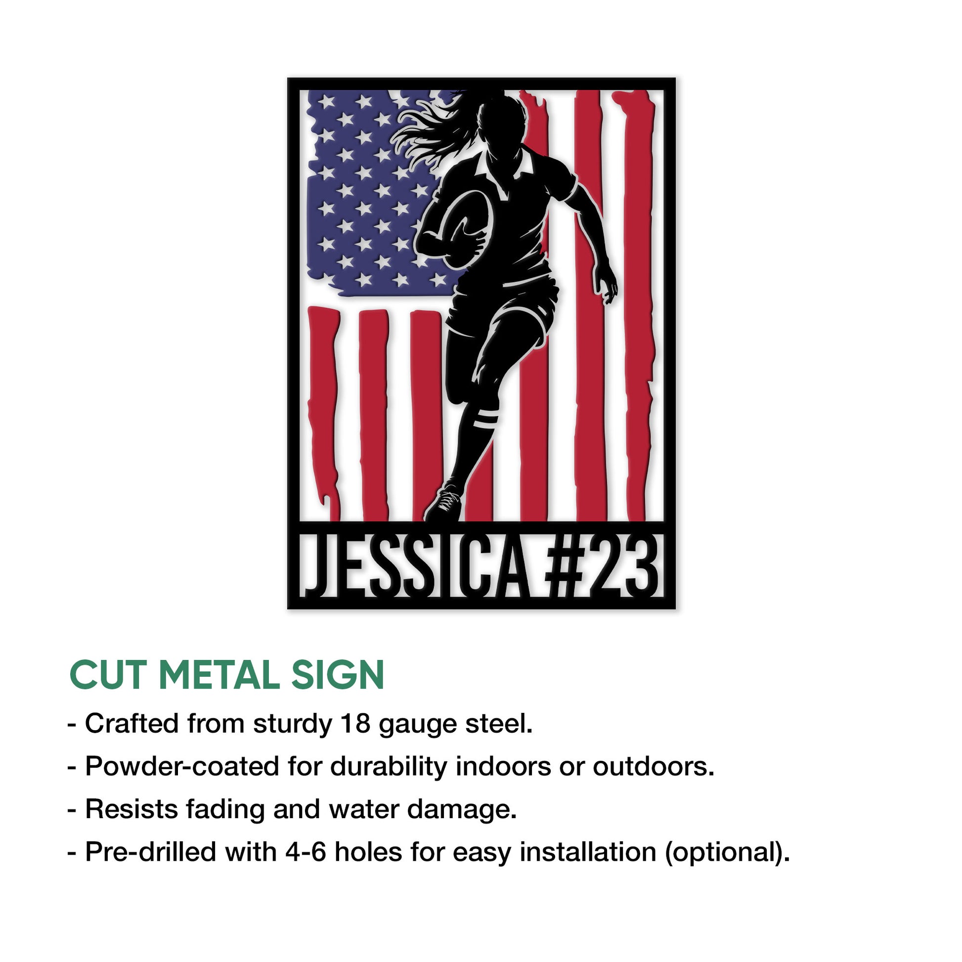 Rugby player metal sign shown in a product feature graphic with a bold American flag design