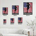 Rugby metal sign size guide showing six square size options in a living room setting