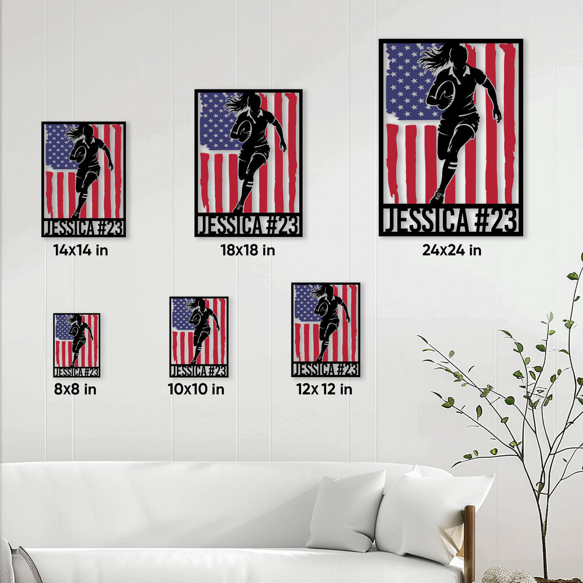 Rugby metal sign size guide showing six square size options in a living room setting