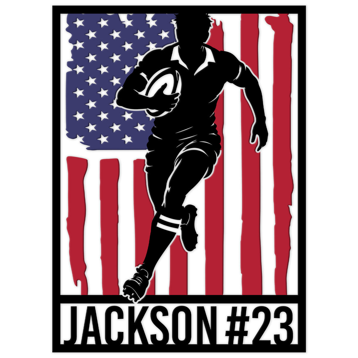 Patriotic rugby metal sign featuring a running player silhouette holding a rugby ball