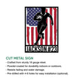 Rugby metal sign product graphic showing a bold player silhouette over an American flag design