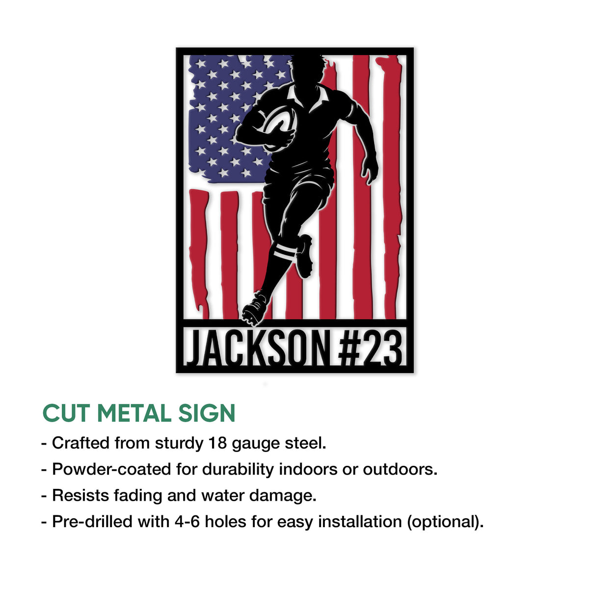 Rugby metal sign product graphic showing a bold player silhouette over an American flag design